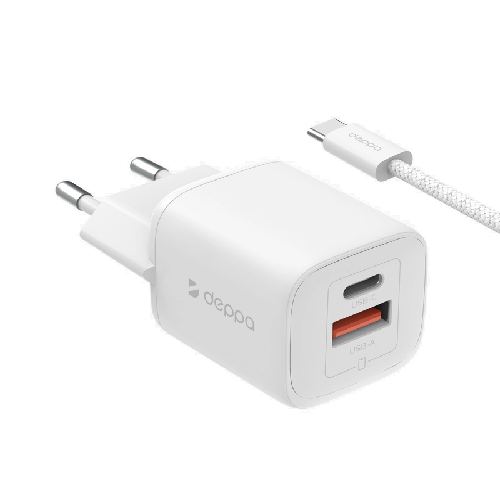 СЗУ Deppa USB-C-USB-A + Дата-кабель Type-C/Type-C GAN 33W QC 3.0 White (11512) фото 