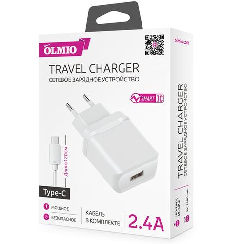 СЗУ OLMIO USB, 2.4A, Smart IC +TypeC кабель фото 